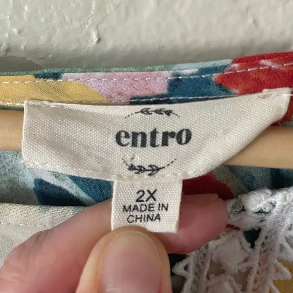 Entro Floral Crochet Detail Smocked Blouse Top Spring Boho Flowy Office Career - Picture 2 of 8